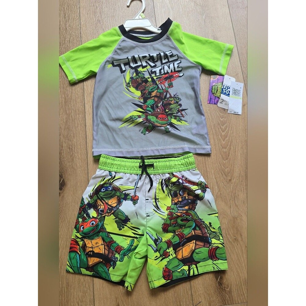 Nwt Teenage Mutant Ninja Turtles  UPF 50+ Pullover Rash Guard And Swim Trunks 4t